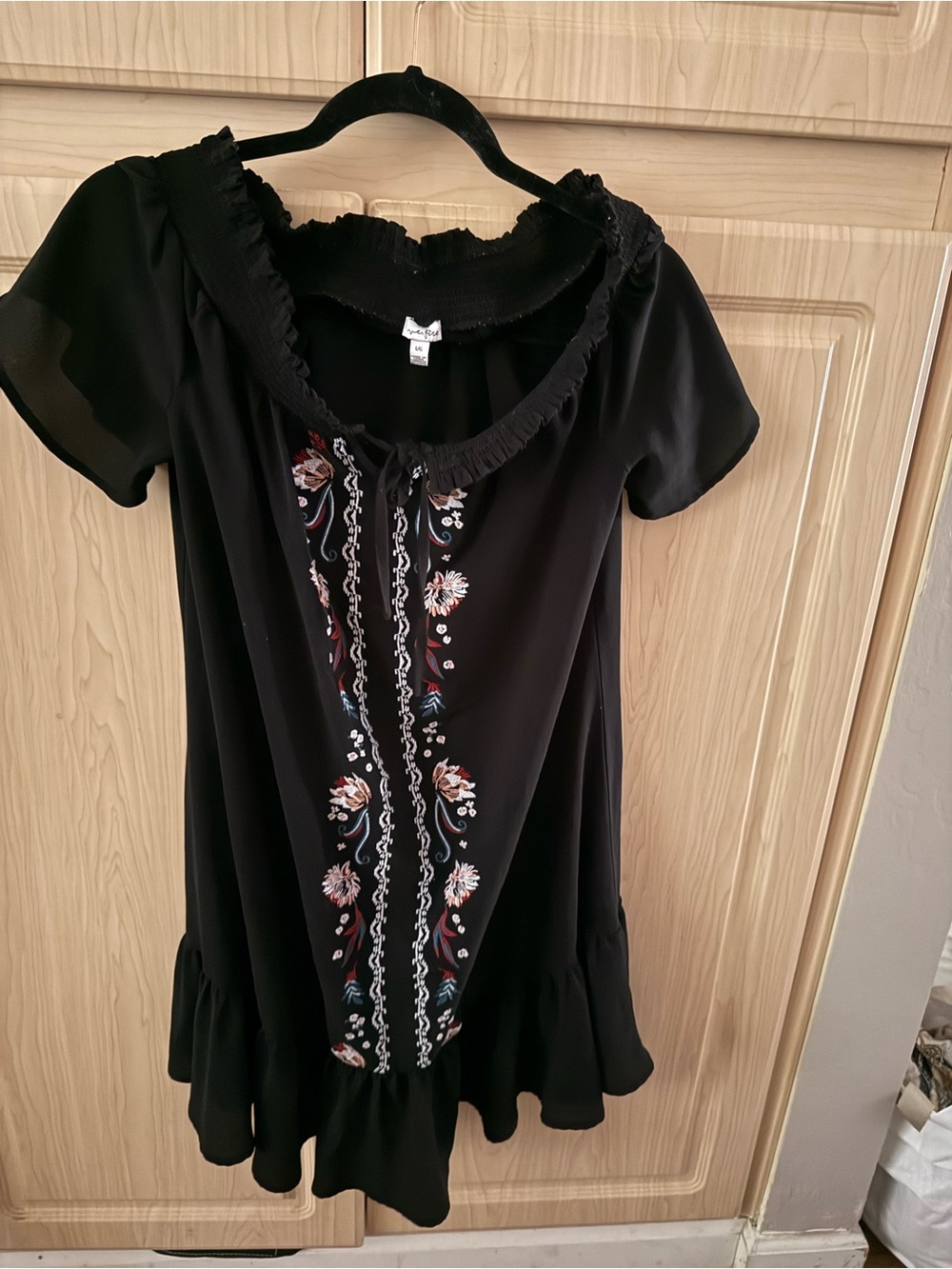 Black Embroidered Ruffle Neck Women's Cover-Up or Off-Shoulder Dress